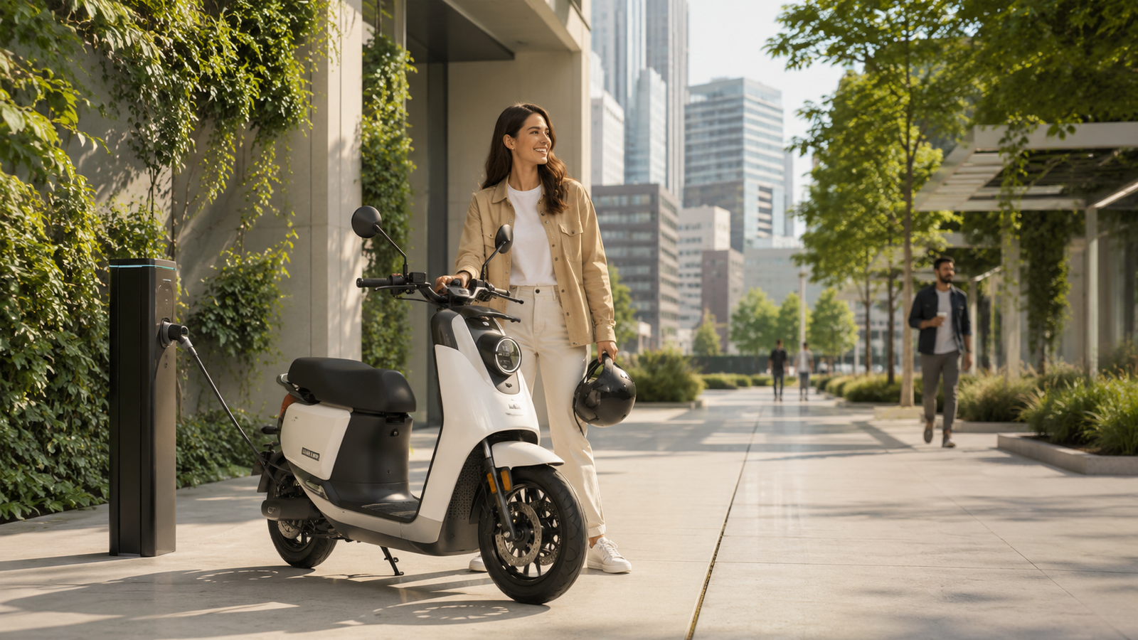Mulher ao lado de uma scooter elétrica ON.EV conectada a um ponto de recarga urbano