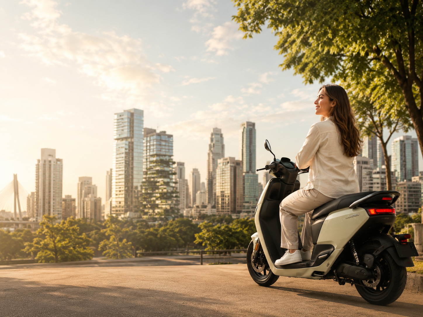 Pessoa contemplando a cidade sobre uma scooter elétrica